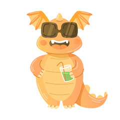 Cheerful dragon in sunglasses and with a cocktail in his hands on a white background.
