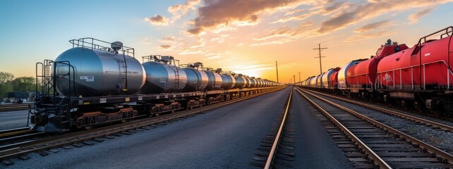 Panoramic View of LPG Cisterns Loaded on Train for Liquid Freight Transport: Depicting Industrial Logistics Generative AI Illustration