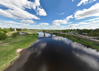 panoramic view from a drone of the river and the ancient Kremlin on a sunny day taken from a drone