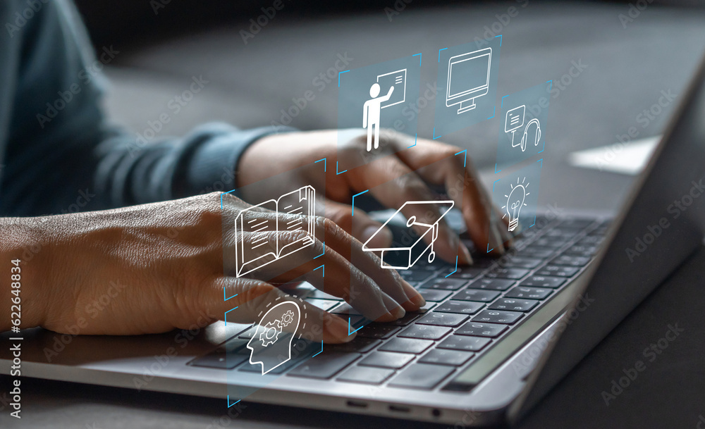 Wall mural human use laptop technology internet learning and study online class technology network, e-learning,