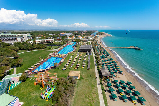Aerial view of hotels and beach on the Mediterranean Sea coast of Belek, Antalya, Turkey.