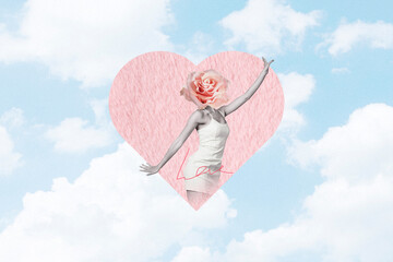 Collage picture of black white effect girl rose flower instead head inside heart symbol isolated on...