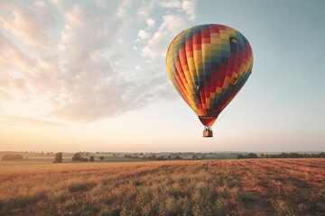 Naklejka premium Colorful Hot Air Balloons in Blue Sky Horizon. Copy Space Background