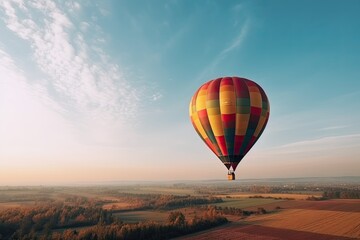 Fototapeta premium Colorful Hot Air Balloons in Blue Sky Horizon. Copy Space Background