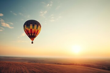 Naklejka premium Colorful Hot Air Balloons in Blue Sky Horizon. Copy Space Background