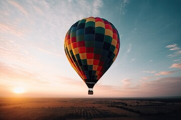 Fototapeta na wymiar Colorful Hot Air Balloons in Blue Sky Horizon. Copy Space Background