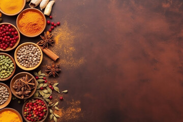 Generative AI : Spices and Herbs Frame on Black - Flat Top View"