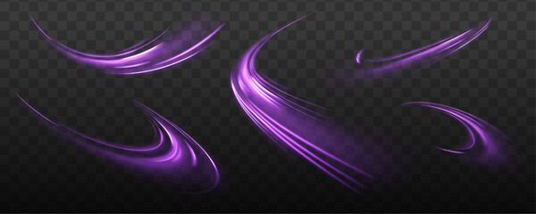 High-speed light trails effect. Semicircular wave, light trail curve swirl, optical fiber incandescent.Purple glowing wave swirl. Magic of moving fast motion laser beams. Long time exposure. Vector.