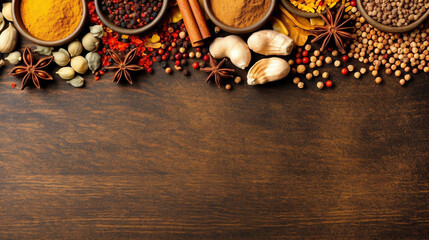 Generative AI : Spices and Herbs Frame on Black - Flat Top View"