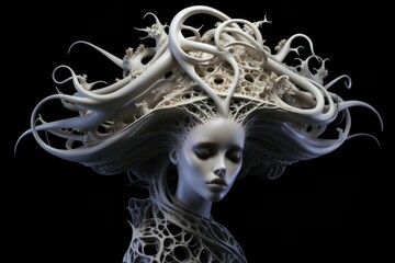 Fototapeta premium future sculpture a fiberglass woman man on black background whit copy space space for text