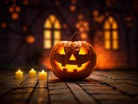 Pumpkin Jack O'Lantern surrounded by halloween decor