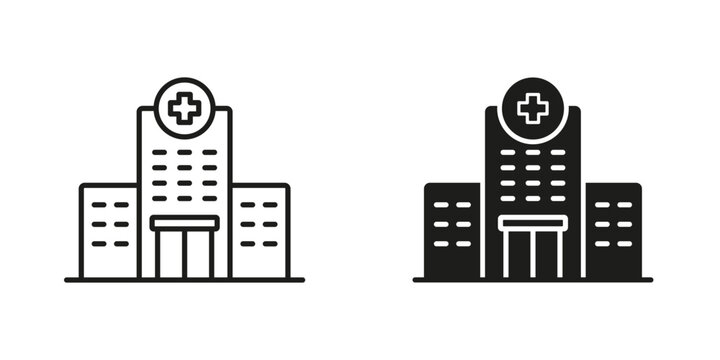 Medical Clinic Pictogram. Hospital Line and Silhouette Black Icon Set. Ambulance Center Sign, Emergency Service Office. Healthcare Building Symbol Collection. Isolated Vector Illustration