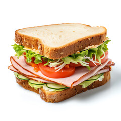 Generative AI : Savory Ham and Vegetable Sandwich on White Background - A Wholesome Feast for Your Taste Buds