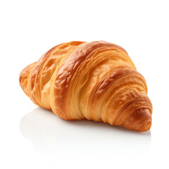 Generative AI : Golden Baked Ham and Cheese Croissants on a White Background