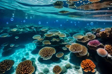 Rolgordijnen Create an AI-generated image of a vibrant coral reef teeming with life, set against the backdrop of a crystal-clear blue sea. © Nairobi 