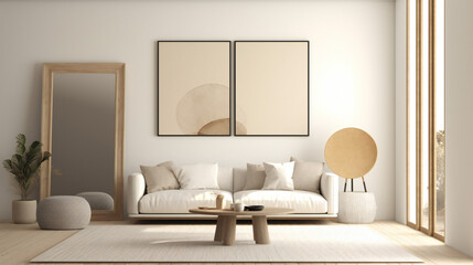 Stylish Living Room Interior with Mockup Frame Poster, Modern interior design, 3D render, 3D illustration