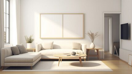 Stylish Living Room Interior with Mockup Frame Poster, Modern interior design, 3D render, 3D illustration