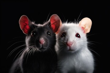 two cute rats on a dark background looking at the camera