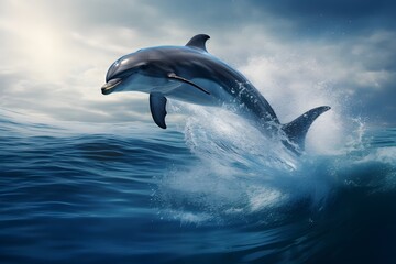 A captivating underwater shot of a graceful dolphin leaping effortlessly through crystalline blue waves.