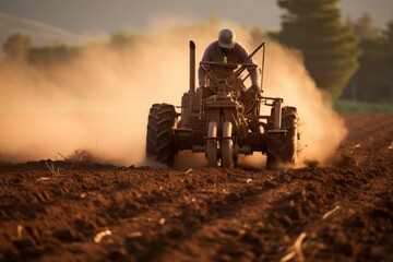 tractor driver works in the field plows the land