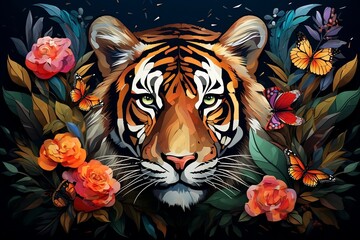 Obraz premium Vibrant Majesty Big Cat Tiger Portrait with Colorful Flowers and Leaves. Generative AI