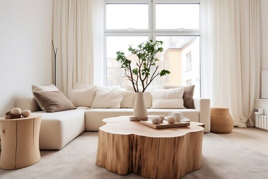 Natural Elegance Tree Stump Coffee Tables near Beige Sofa in Scandinavian Setting. Generative AI