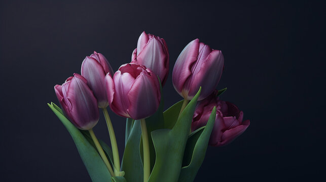 pink tulips on black HD 8K wallpaper Stock Photographic Image
