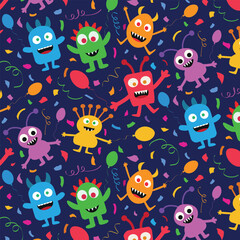 Funny Cute Little Monsters party with balloons and colorful confetti  Seamless pattern