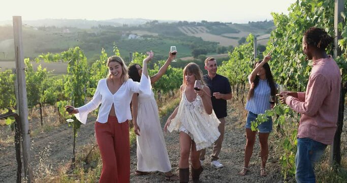 Group of multiracial friends dancing at summer party inside vineyards - Happy people having fun together drinking red wine  at coutryside resort 