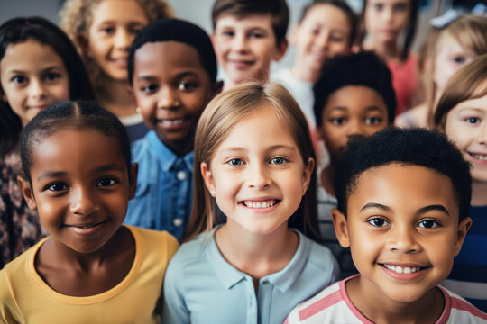 Child Girl School Group Portrait Student Boy Education Happy Elementary Pupil Friend Young Kid Smiling Caucasian Female Together Childhood Little Class Classroom Generative Ai