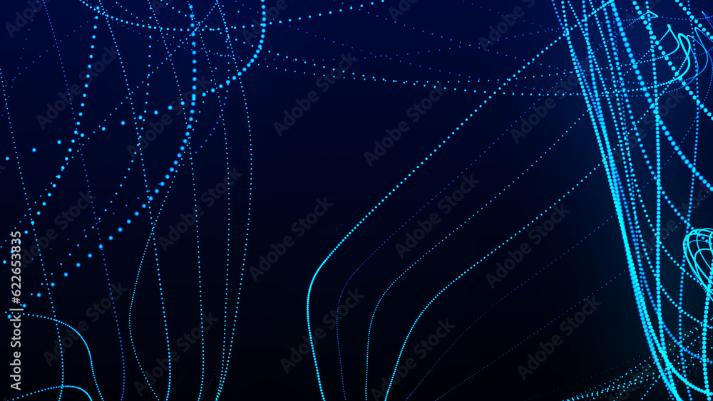 Poster dynamic wave of glowing particles. data flow information. concept of digital communication. technolo