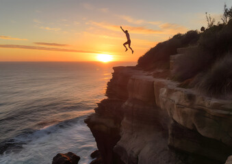 man jumping of a cliff