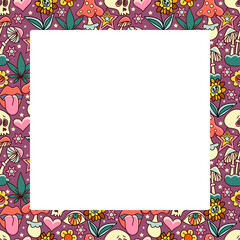 Groovy doodles frame. Hippies hand drawn elements, 70s retro