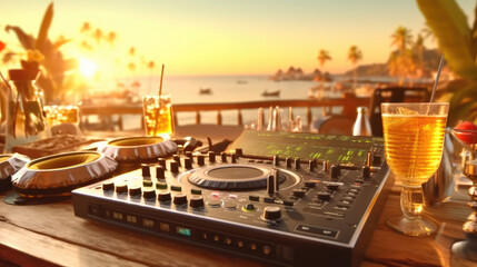 Dj console with beers and cocktails at the beach party