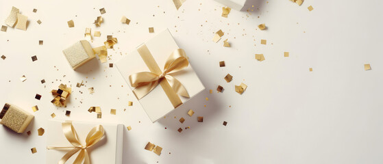 Fototapeta na wymiar Happy Holidays composition. Celebration greeting background with gift boxes, sparkles, confetti. Flat lay. Top view. cover for social networks, shopping mockup.Generative Ai