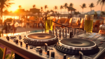 Fototapeta premium Dj console with beers and cocktails at the beach party