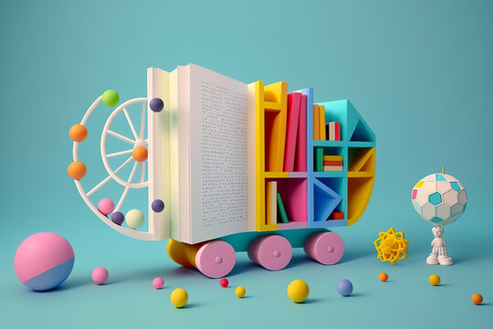 Children's book with toys on a blue background