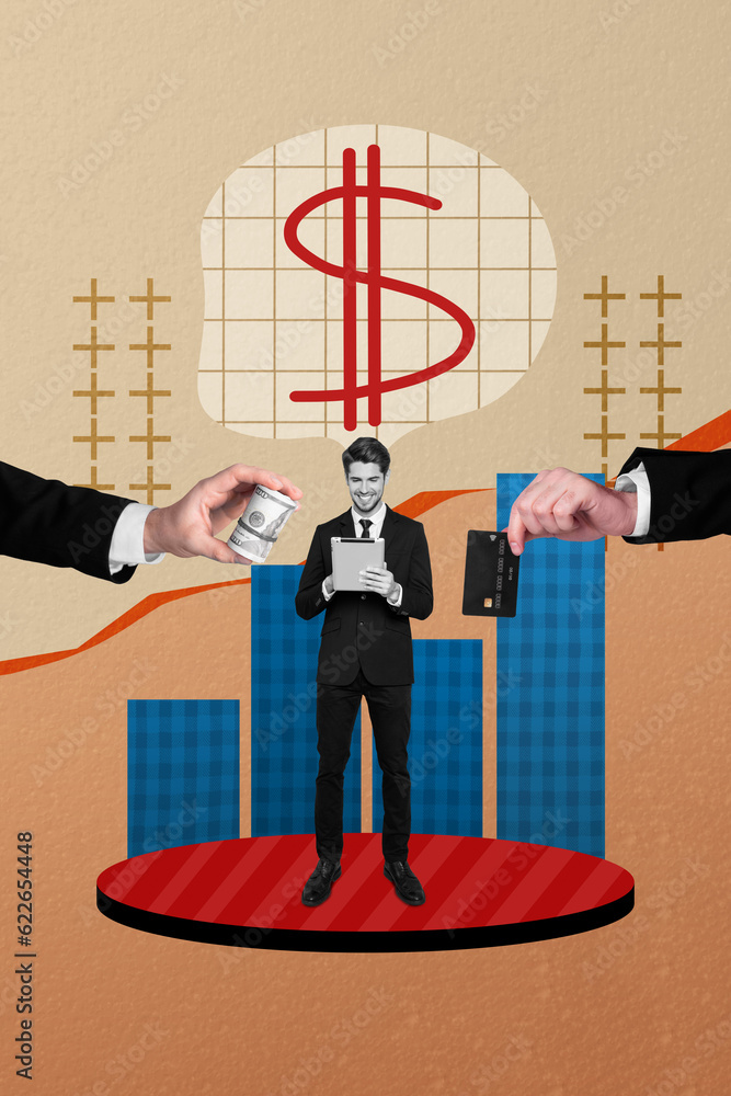 Poster collage 3d pinup pop retro sketch image of smiling confident worker earning money modern device isol