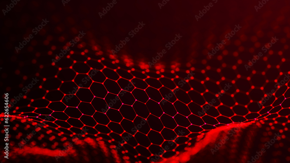 Poster futuristic hexagon background. futuristic honeycomb concept. wave of particles. 3d rendering. data t