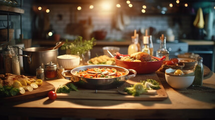 Fototapeta premium Delicious food on the table in a cozy kitchen