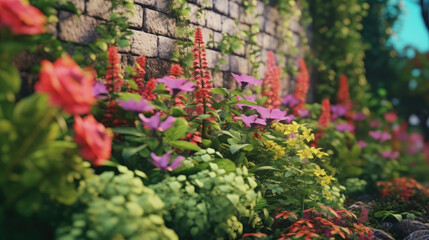A wall full of vegetation with colorful flowers