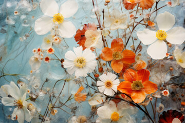 Wild flowers in frozen water. Floral background. Botanical wallpaper. Natural decoration with field flowers in ice