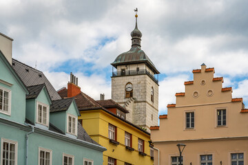 View of church tower and historical town centre of Ceska Kamenice, a popular tourist destination in Czech Republic