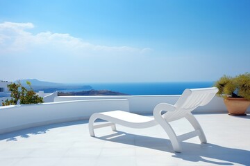 Fototapeta na wymiar Relaxing Serenity White Deck Chair on Terrace with Stunning Sea View, Generative AI