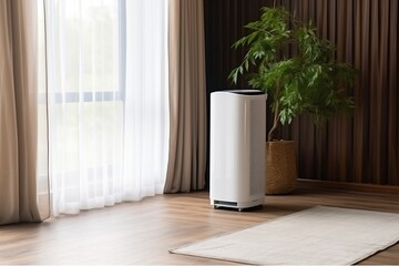 Fresh Air Oasis White Modern Air Purifier Dehumidifier on Parquet Floor. Generative AI