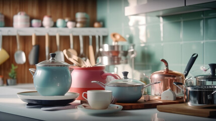 Utensils and dishware in modern kitchen