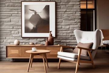 Rustic Comfort Wing Chair near Wooden Coffee Table in Interior Setting. Generative AI