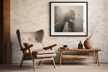 Rustic Comfort Wing Chair near Wooden Coffee Table in Interior Setting. Generative AI