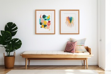 Serene Seating Wooden Bench and Art Poster on White Wall in Interior Setting. Generative AI