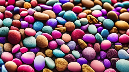 Fototapeta na wymiar Colourful pink, purple, blue and grey pebbles, meant as background. Generative AI